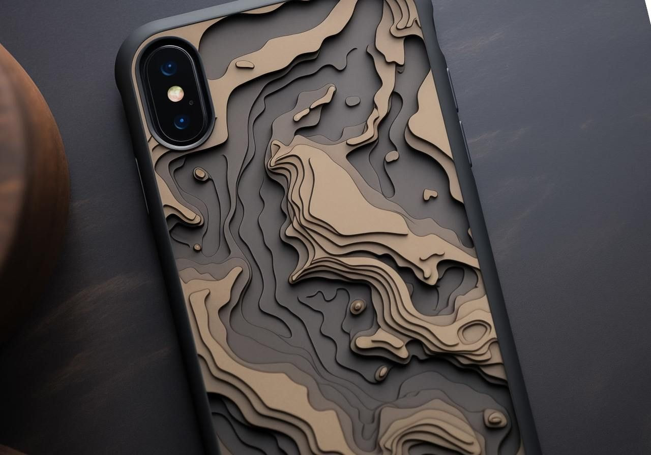 A smartphone with a unique, topographic-style case featuring raised, earthy brown contour lines.